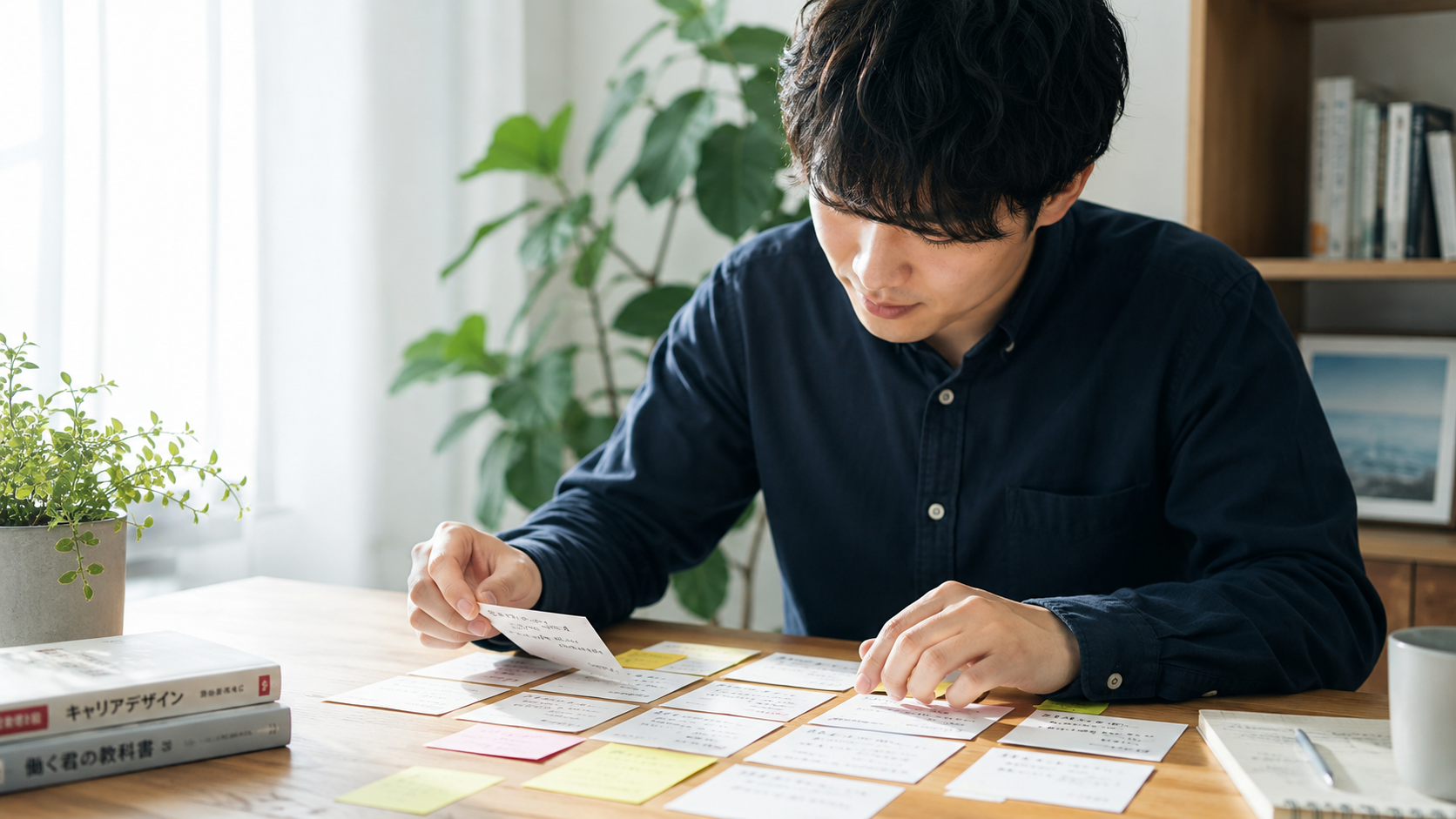 第二新卒の求職者が過去の仕事経験をメモや付箋で整理している様子