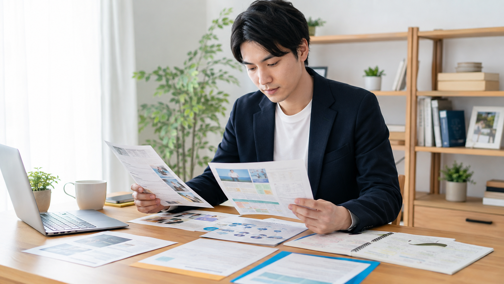 第二新卒の求職者が複数の会社資料や求人票を比較しながら自分に合う会社を探している様子