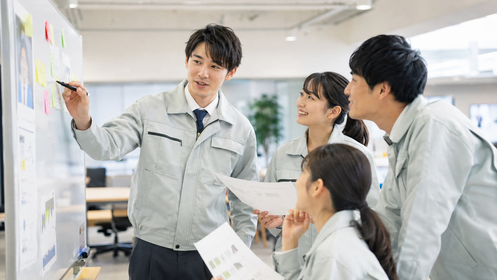 若手社員が同僚とホワイトボードを囲みながら業務改善や工夫について話し合っている様子