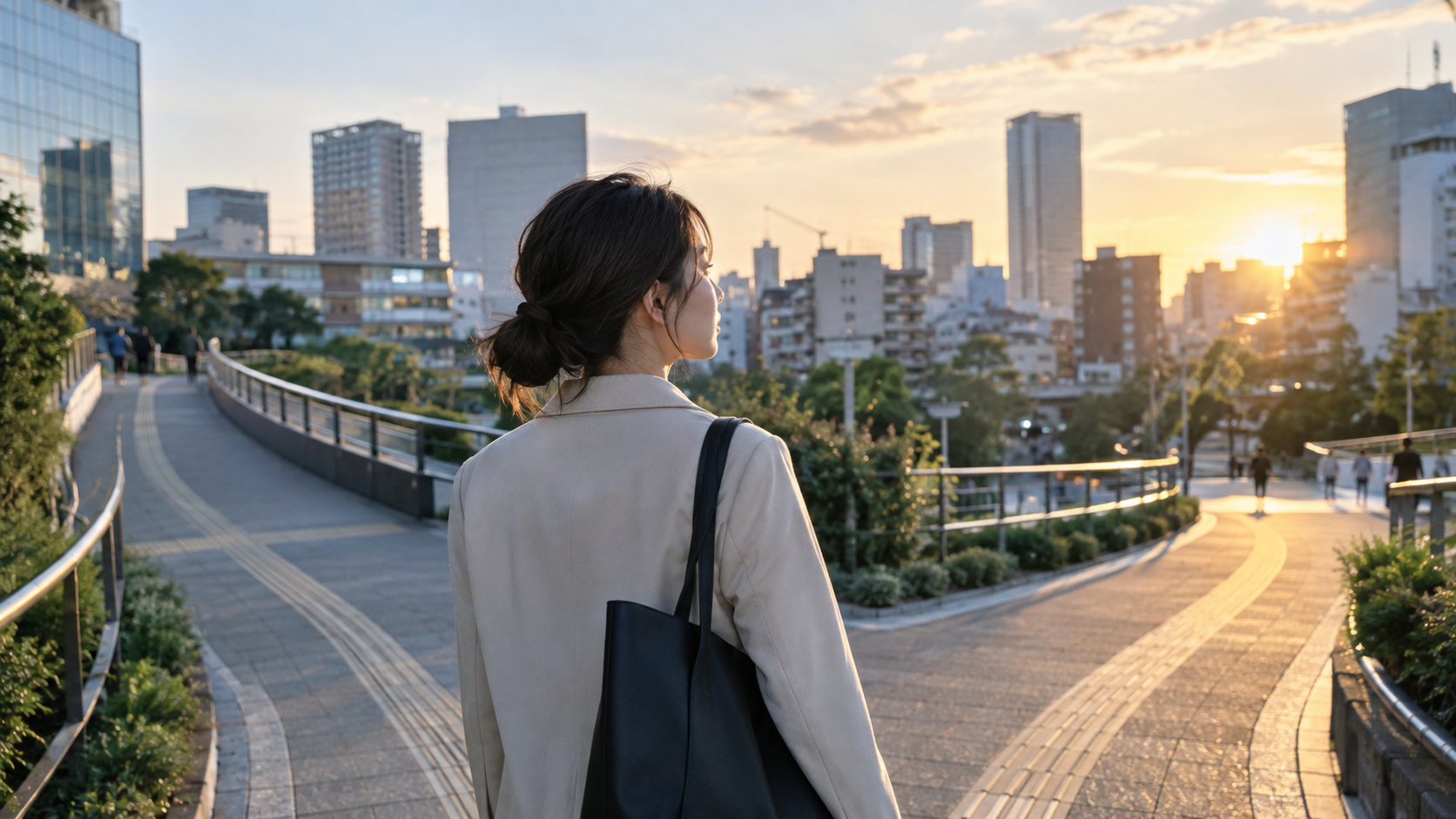 夕暮れの街で分かれ道を前に若い社会人が自分の進む方向を考えている様子