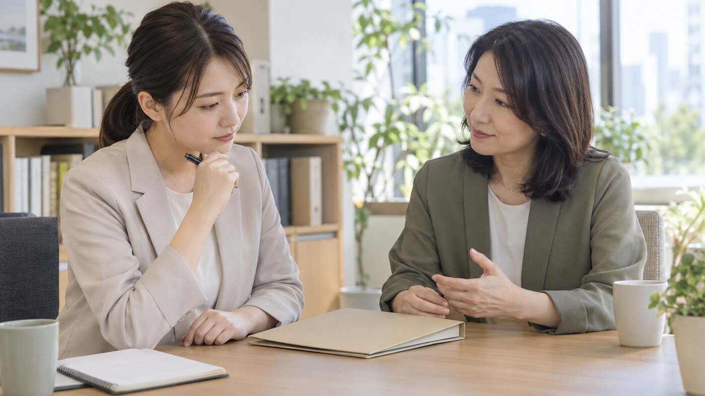 難しい案件について先輩へ相談する若手キャリアアドバイザー