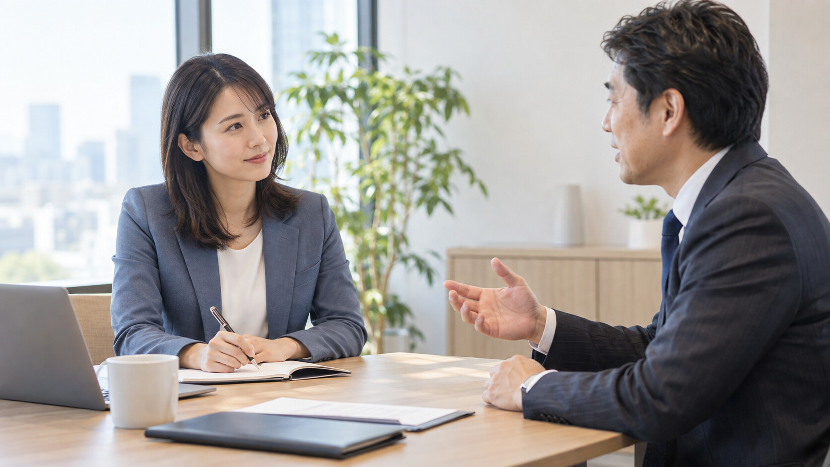 お客さまの希望を丁寧に聞く女性の営業担当者