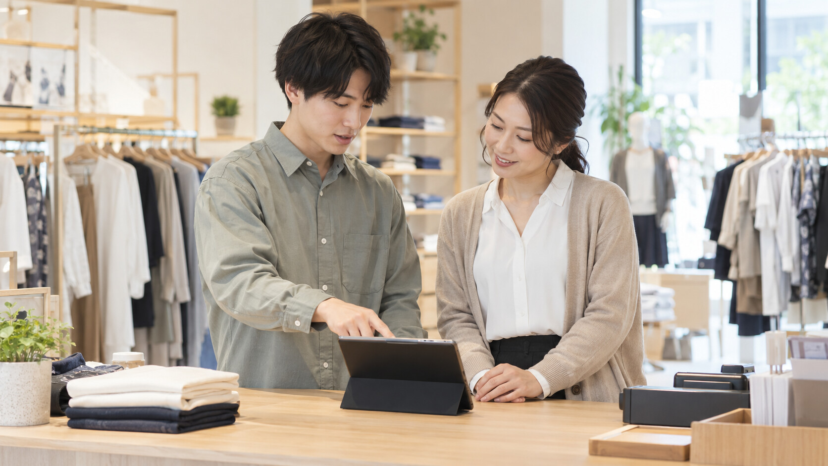 店舗で後輩と業務の進め方を確認する先輩スタッフ