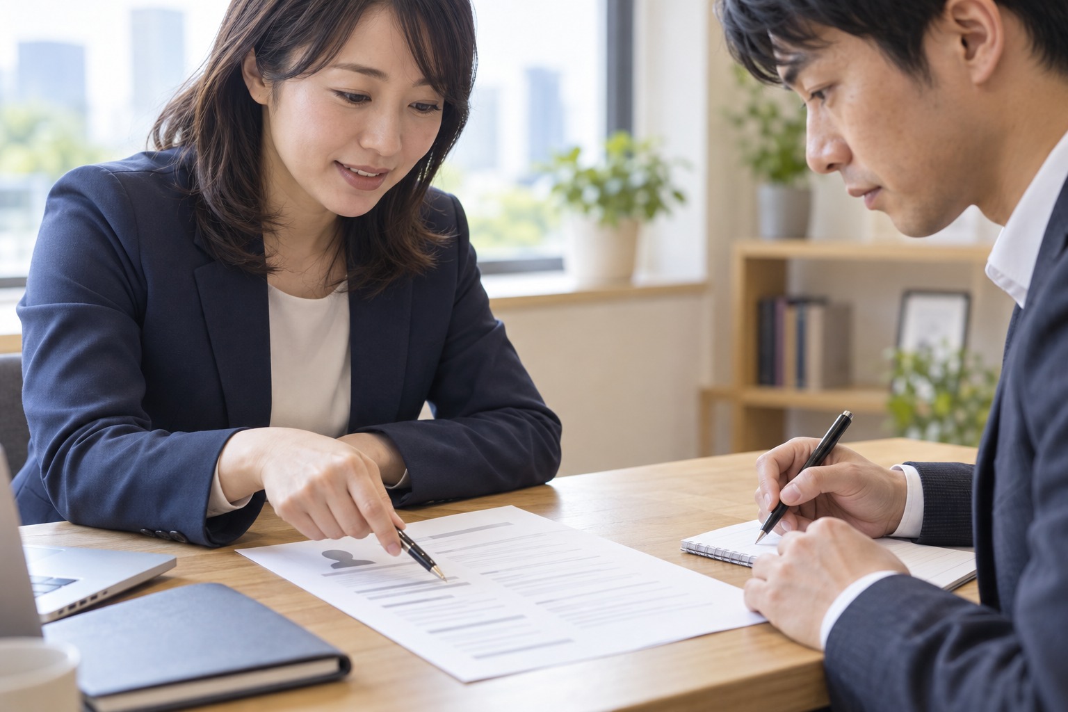 キャリアアドバイザーと応募書類を確認する求職者