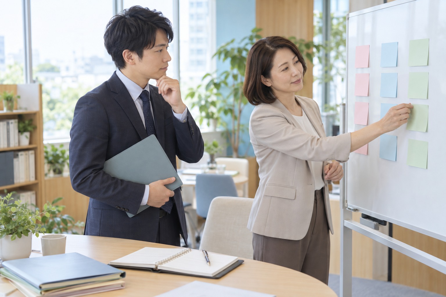 同僚と案件の進捗や優先順位を整理する担当者