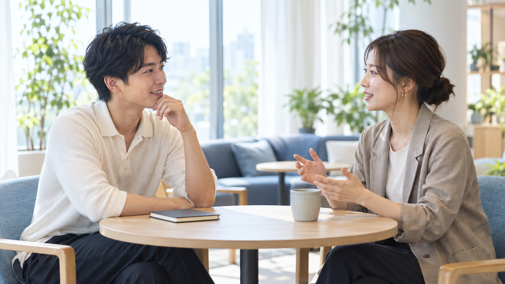 同僚の話を丁寧に聞く若手会社員 同僚の話を丁寧に聞く若手会社員