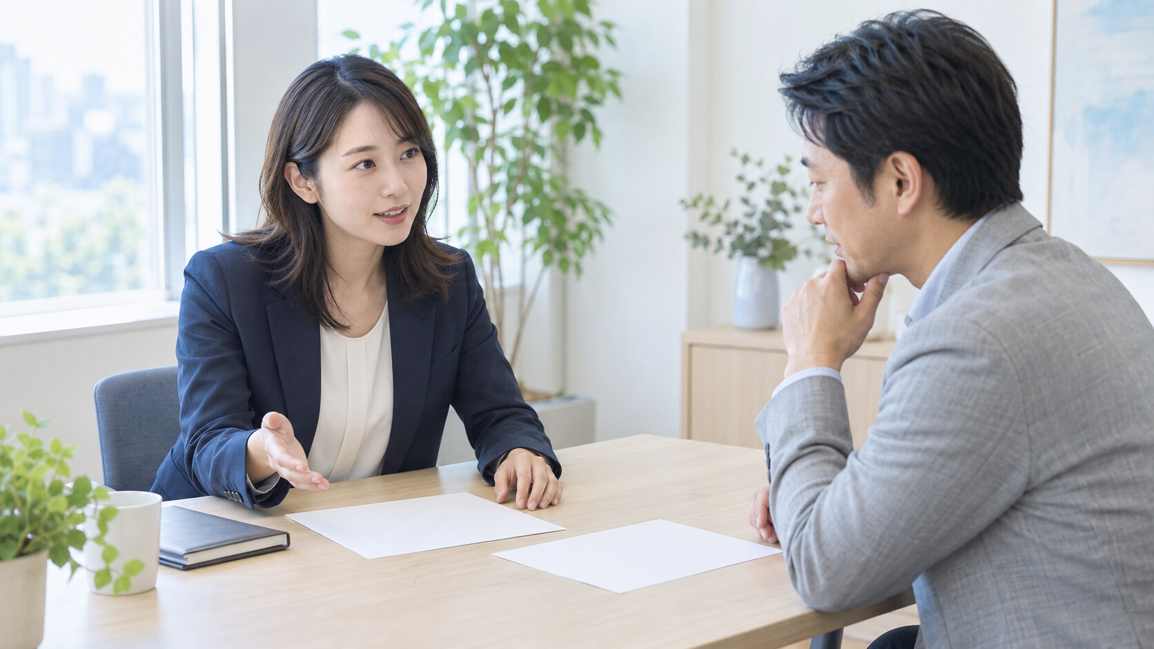 お客さまの希望を確認しながら提案する女性の営業担当者 お客さまの希望を確認しながら提案する女性の営業担当者