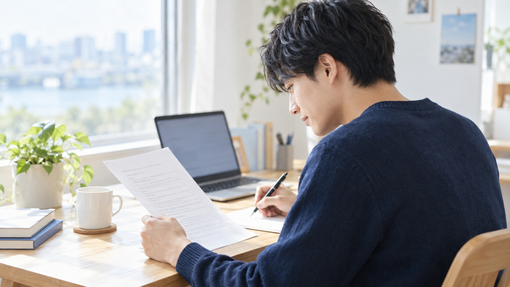 応募に向けて志望動機の文章を見直す男性 応募に向けて志望動機の文章を見直す男性
