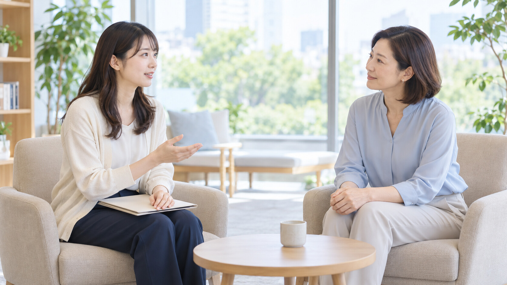 応募準備について相談する女性とアドバイザー 応募準備について相談する女性とアドバイザー