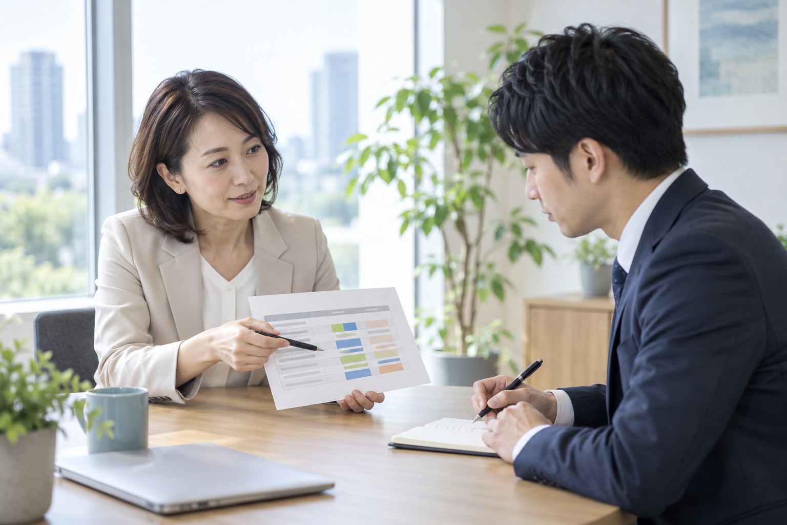 キャリアアドバイザーの給与内訳を確認する女性と男性