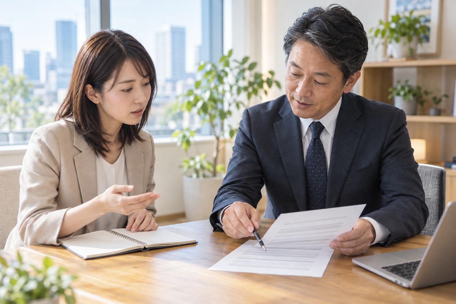 評価面談で目標を確認する社員と上司