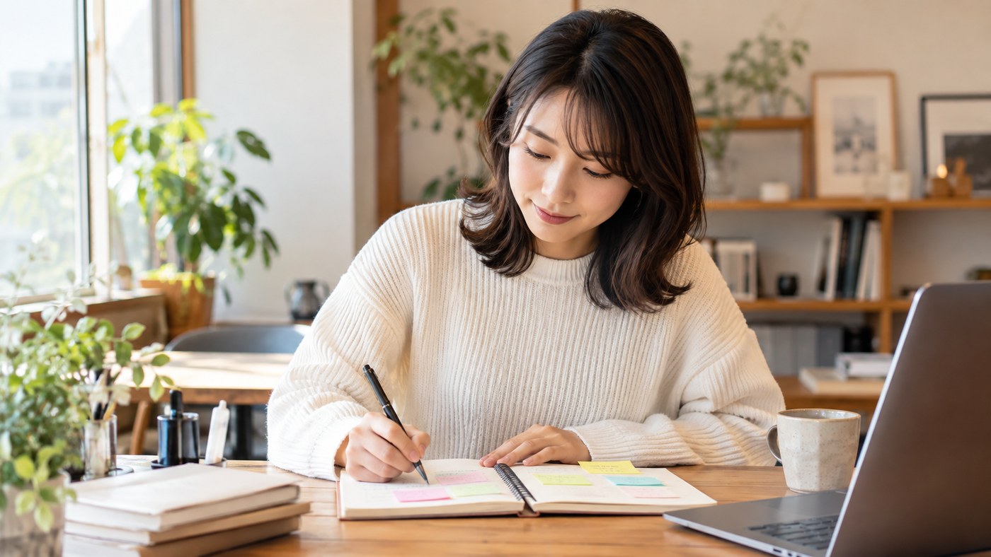 避けたいことを仕事選びの条件にする 次の仕事で避けたいことや続けたいことをノートに整理する女性