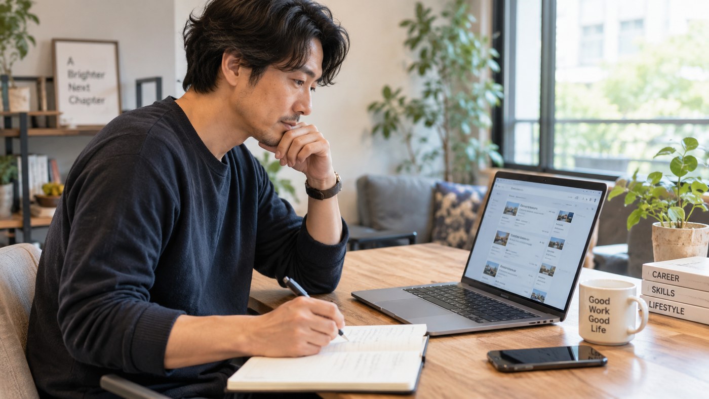 求人を自己理解の材料にする 複数の求人を見ながら気になる仕事をノートに書き留める会社員