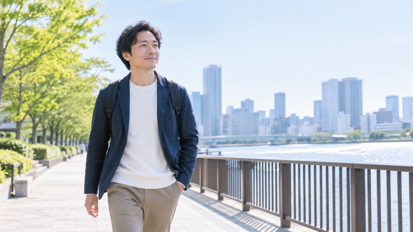 答えを急がず次の一歩へ進む やりたい仕事は決まっていなくても次の一歩を考えながら街を歩く会社員