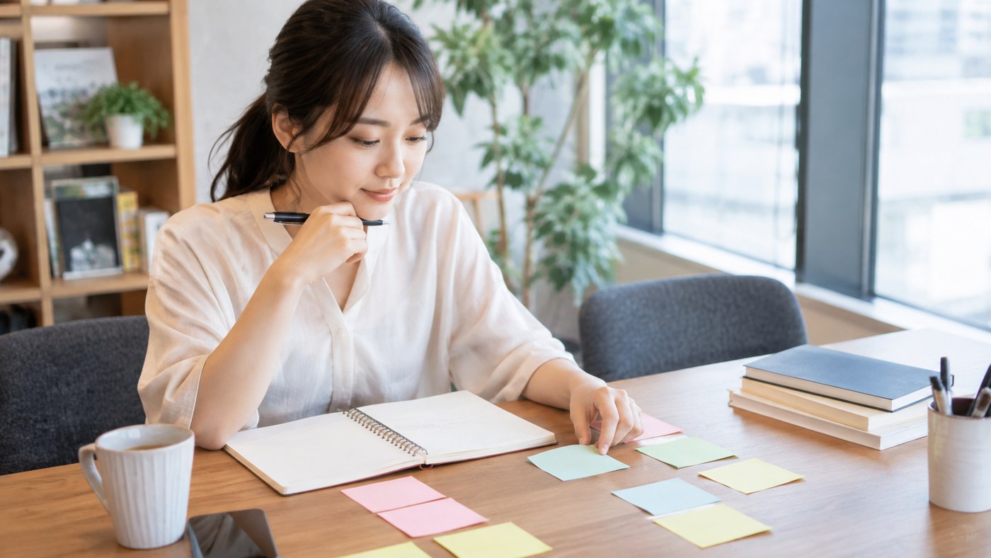 得意と好きと苦にならないことを整理する 得意なことや苦にならないことを付箋で整理する女性