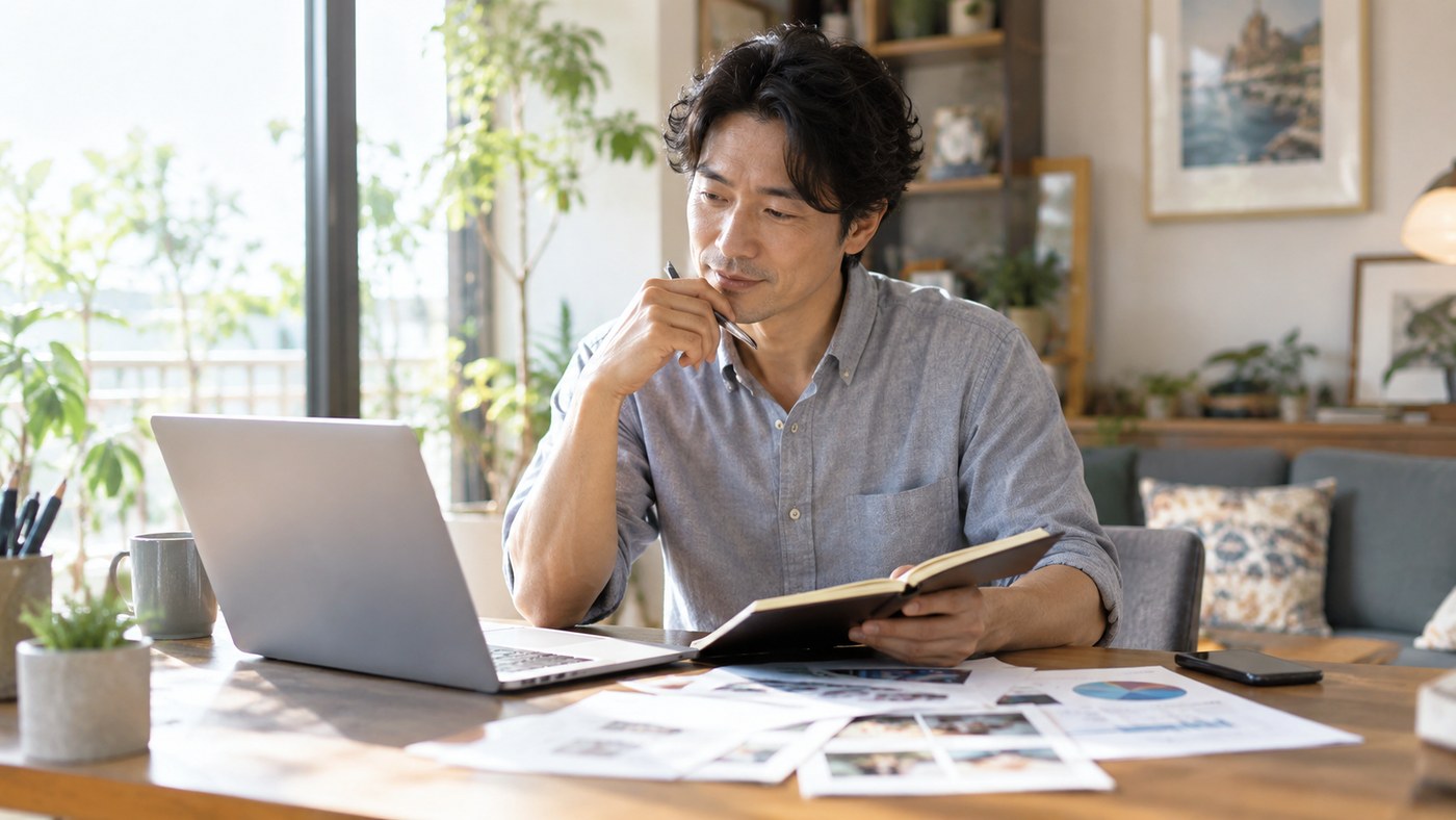 どう働きたいかを条件から考える 仕事や時間や働き方の条件をノートとパソコンで比較する男性