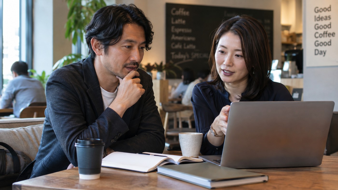 会社員がカフェで第三者とキャリアや転職について話している様子