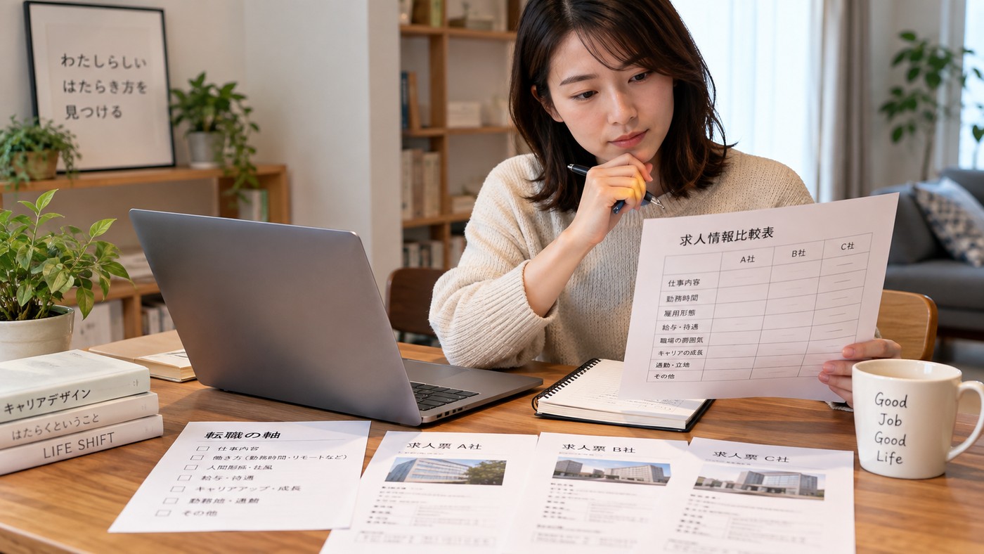 現在の会社と複数の求人情報を比較しながら今後の働き方を考える女性