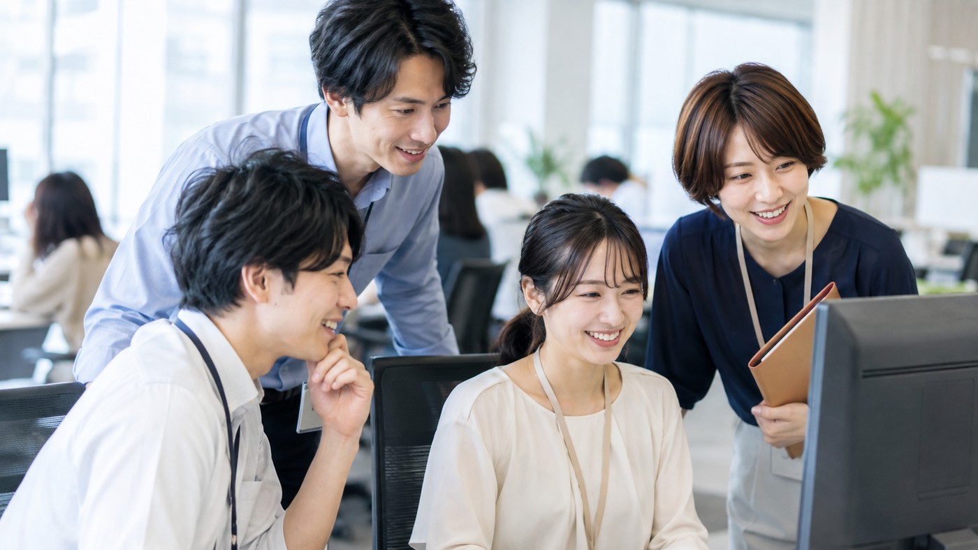 現在の職場で同僚と協力しながら仕事をしている会社員