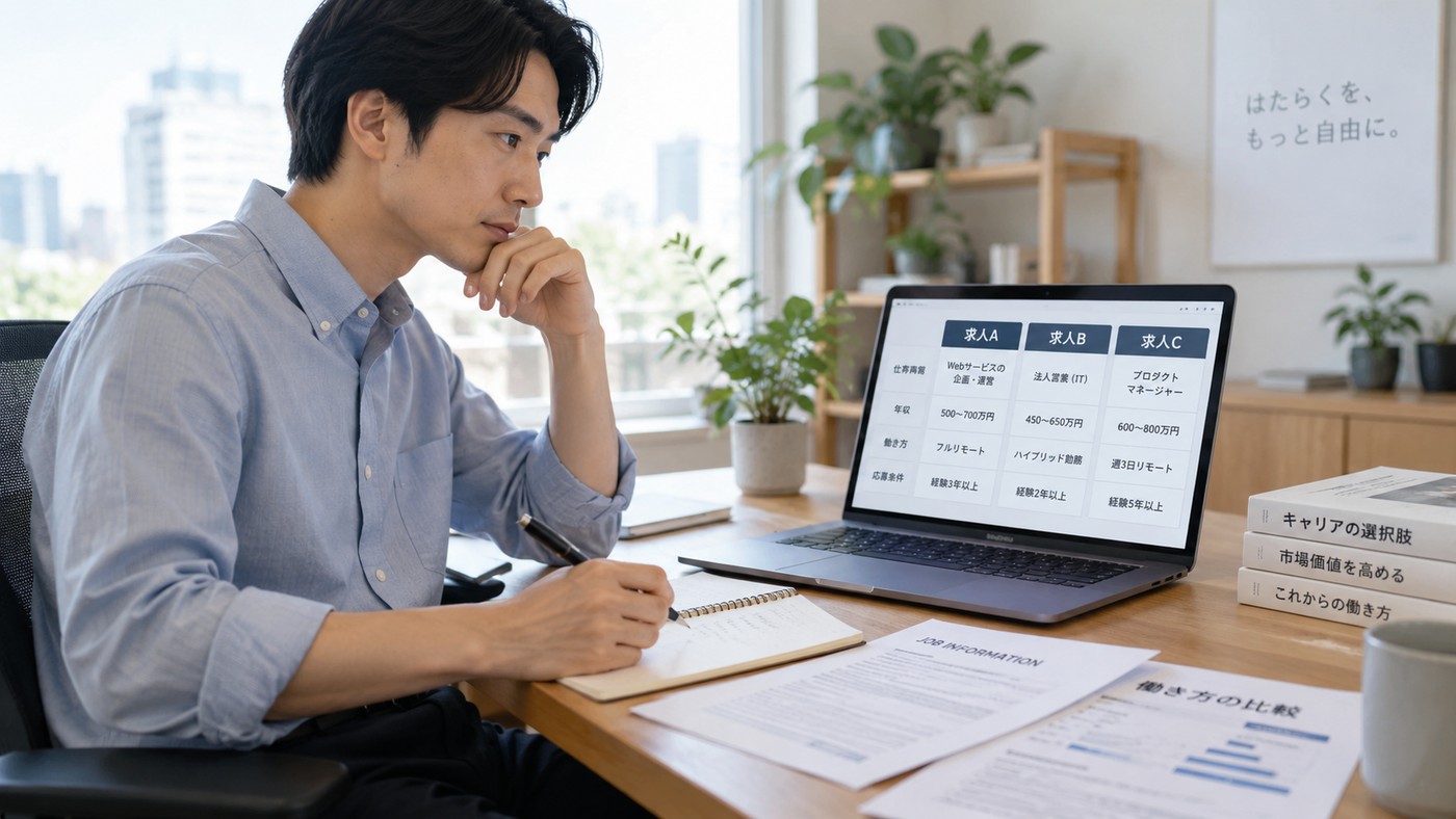 複数の求人情報を比較しながら転職で変えたい条件を整理する会社員