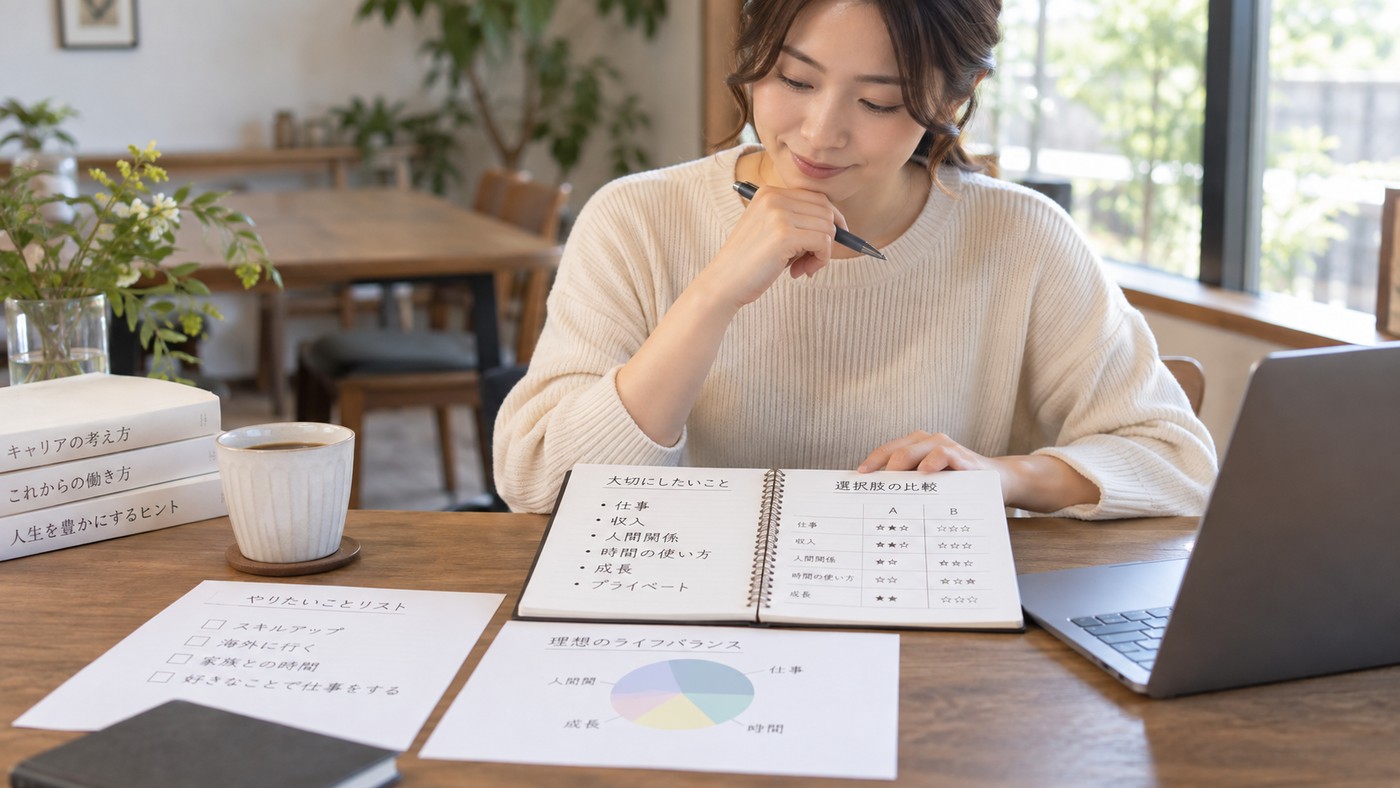 仕事や収入や時間など自分が大切にしたい条件をノートで整理する女性