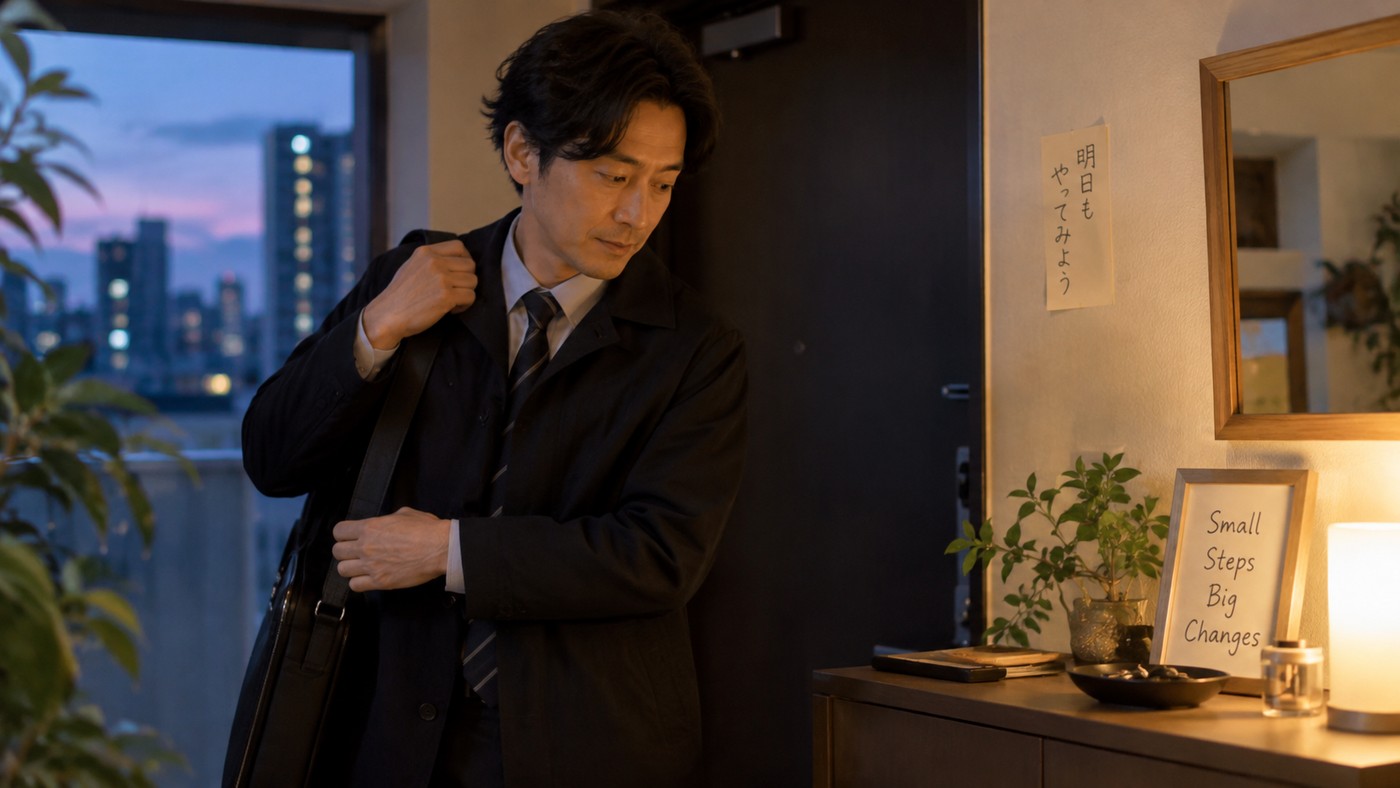 翌日の仕事へ向かう準備をしながら自分の次の一歩を考える会社員