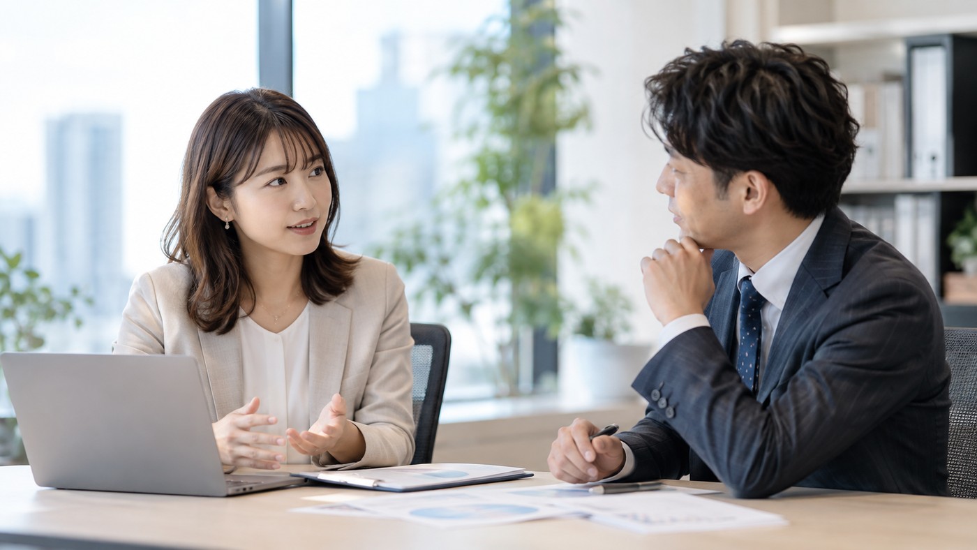 会社員が上司と仕事内容や働き方について落ち着いて相談している様子