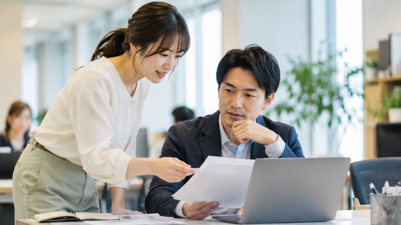 同僚と相談しながら仕事を進める会社員