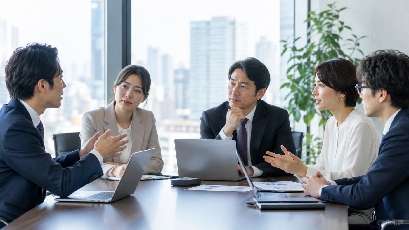 会議で意見を交わす会社員たち