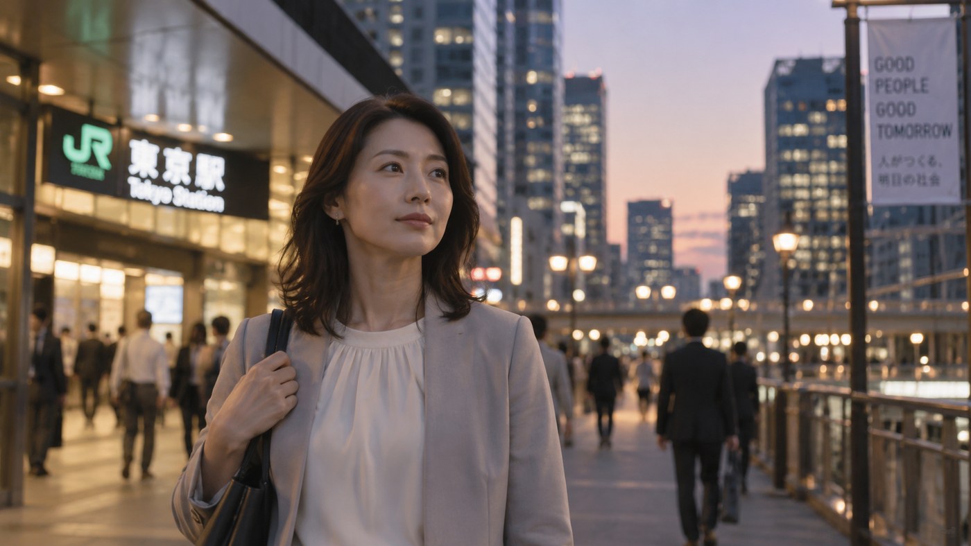 仕事帰りに何を変えたいのか考えながら街を歩く会社員