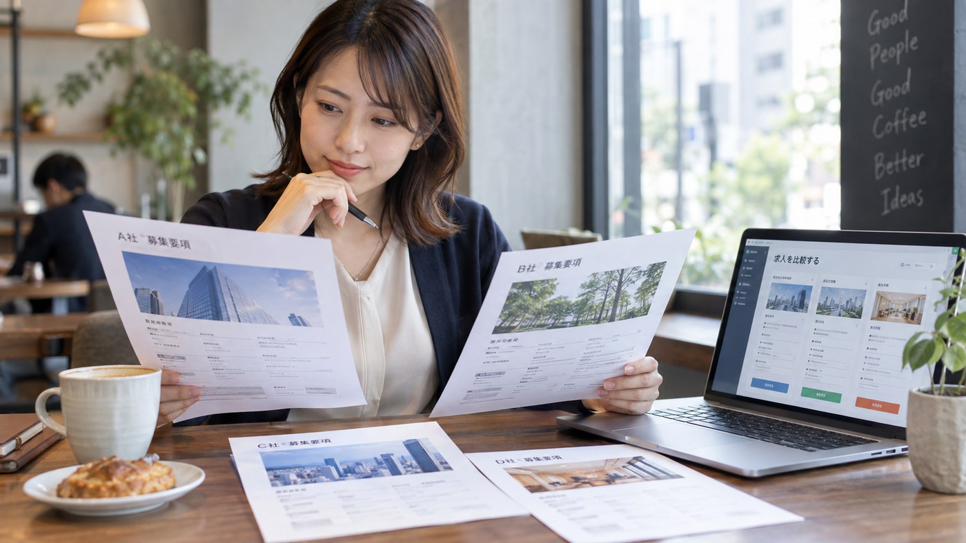 同じ職種の複数求人を比較する会社員