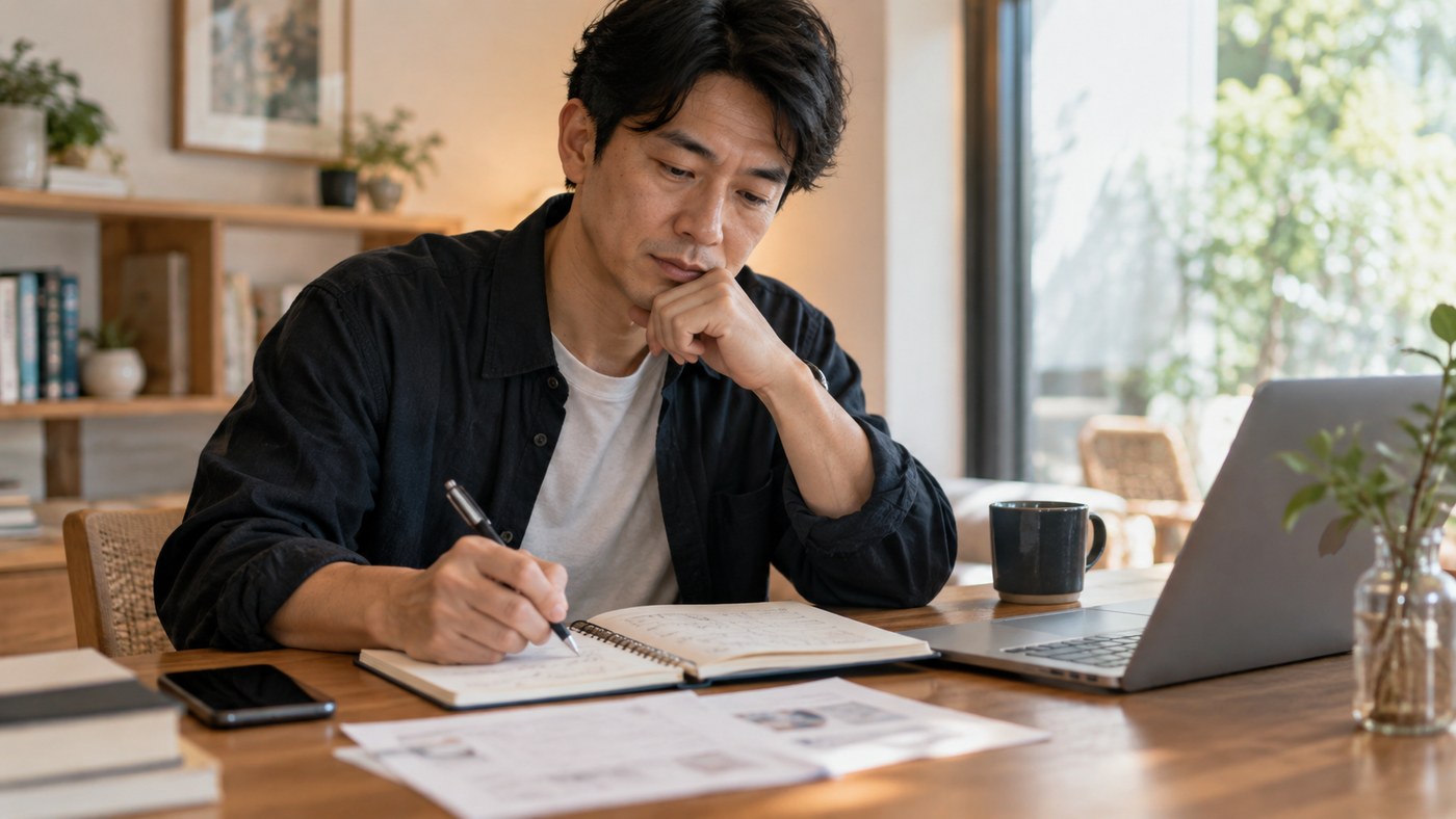 仕事内容を細かな作業に分けてノートに整理する会社員