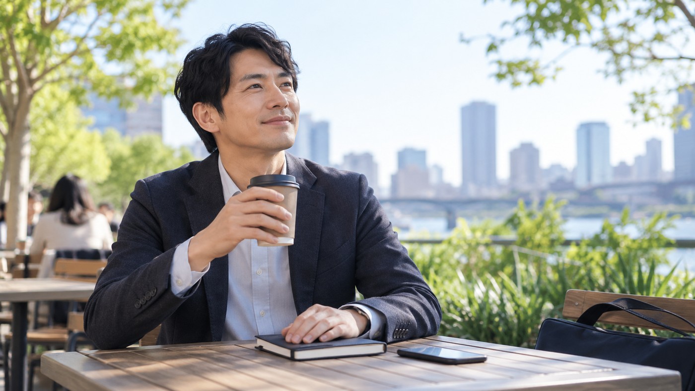 休日の屋外で次の一歩を落ち着いて考える会社員