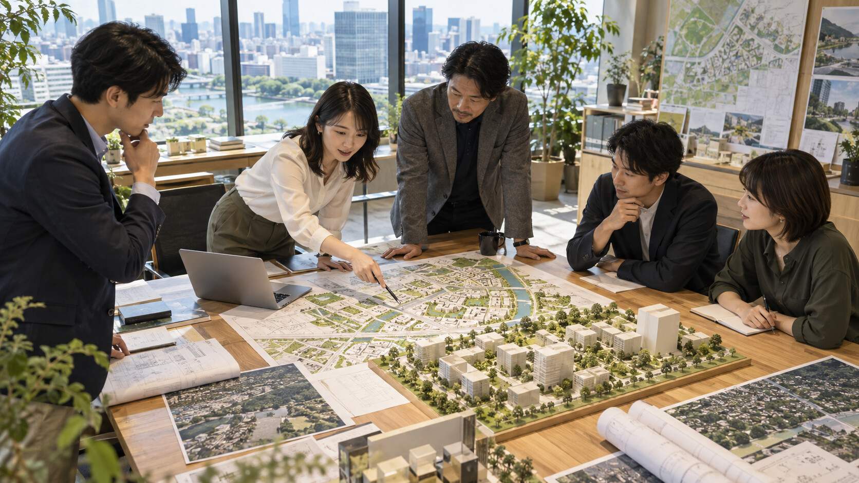 土地開発計画と建物模型を確認する不動産開発チーム