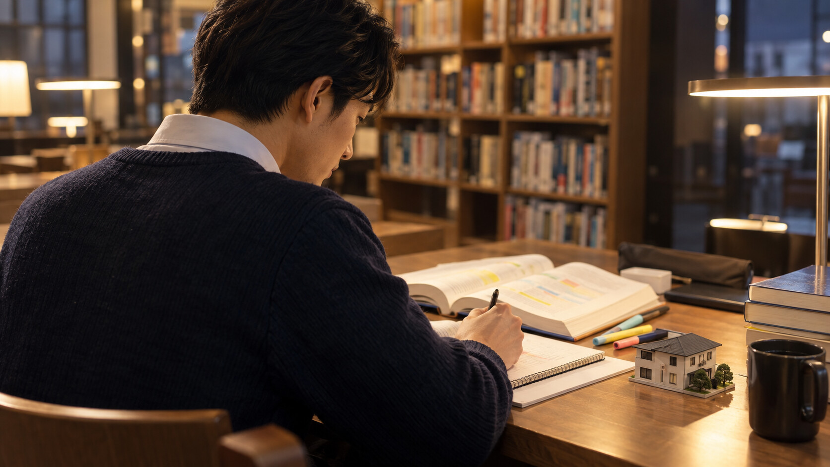 図書館で宅建資格の学習を進める人