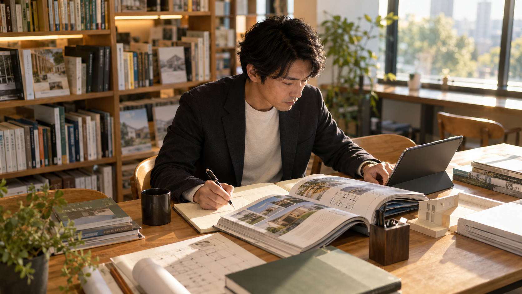 不動産の資料とタブレットを使って必要な知識を学ぶ男性