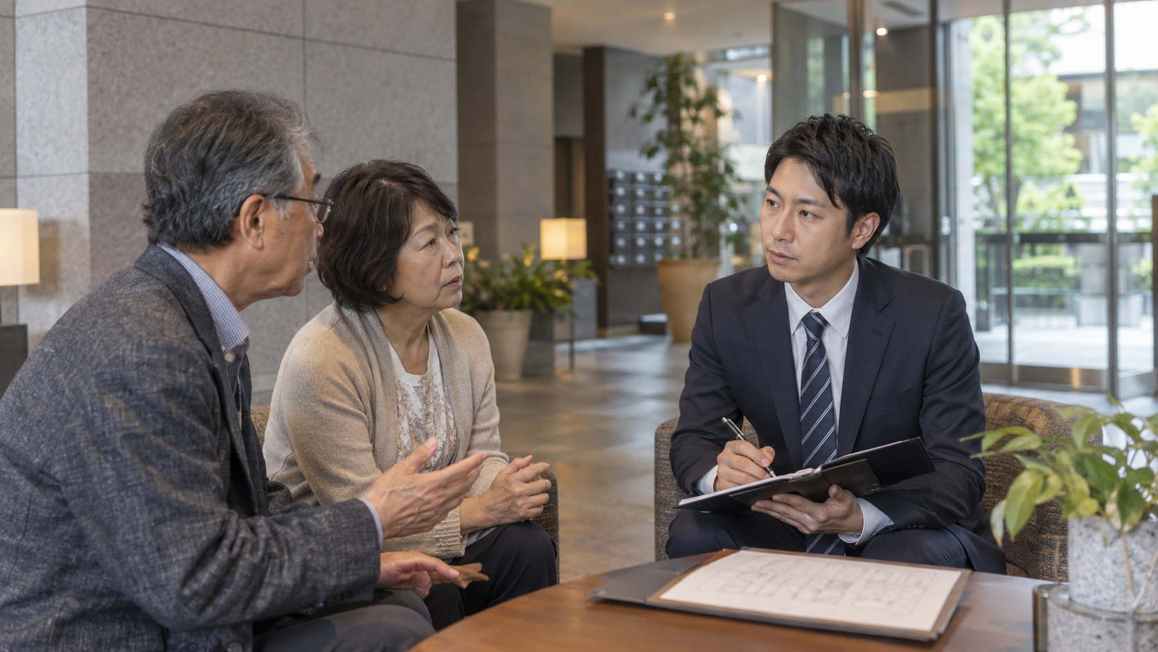 不動産に関する相談を受けて顧客の話を丁寧に聞く担当者