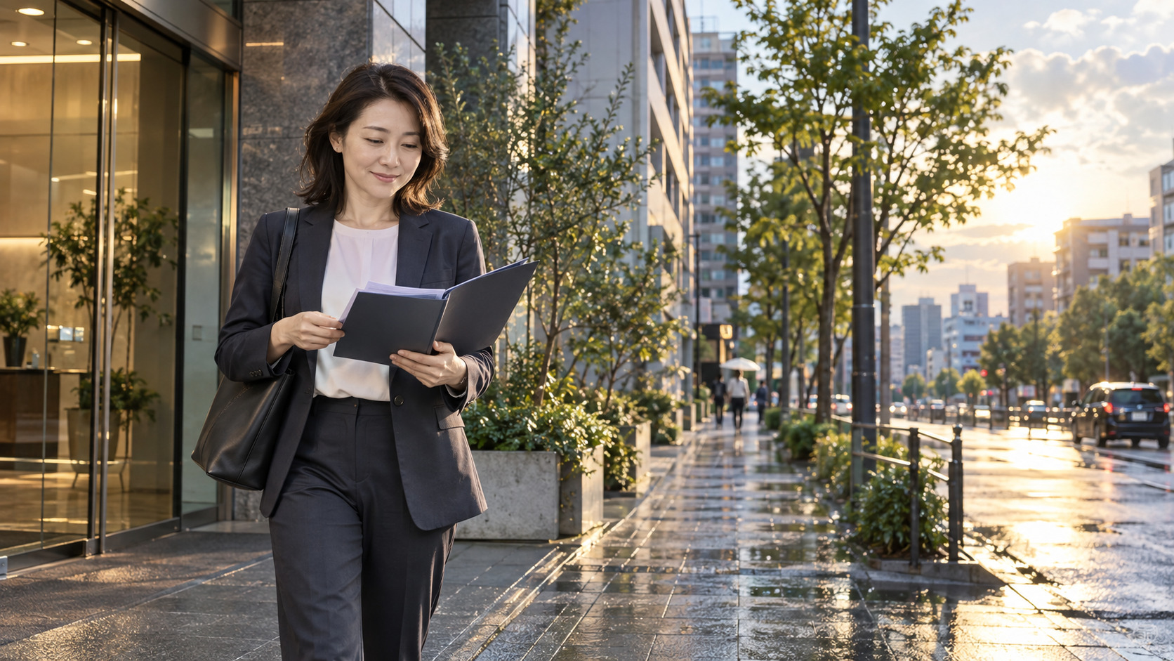 不動産会社の面接を終えて次の一歩へ進む女性