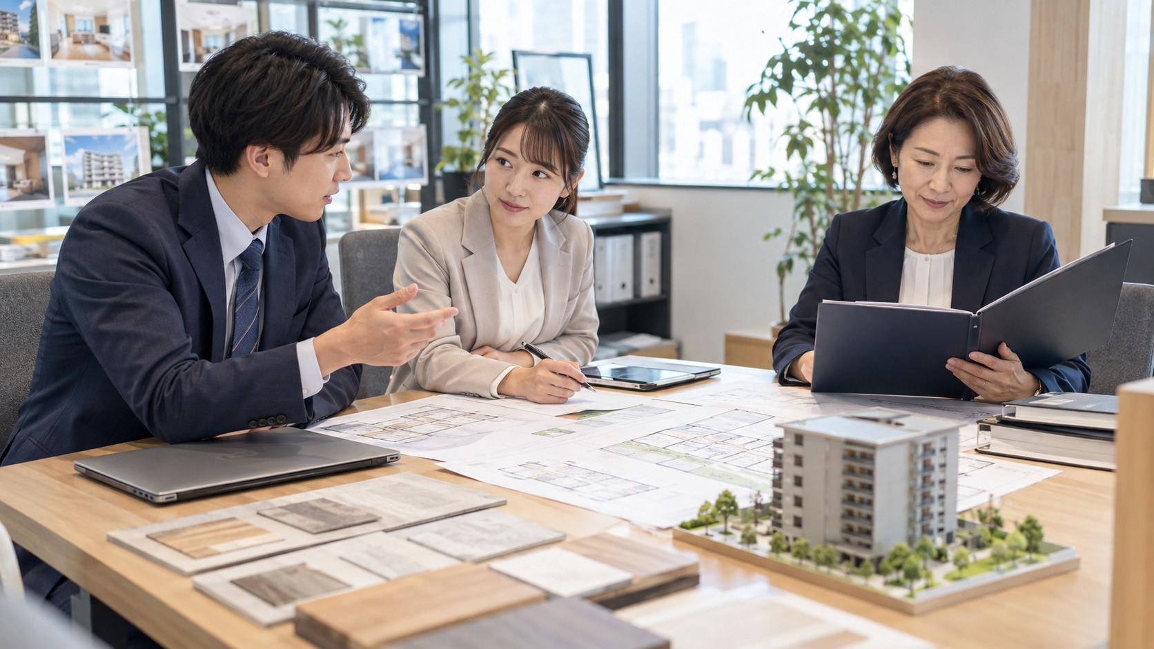 不動産会社で契約業務の進め方を確認する担当者たち