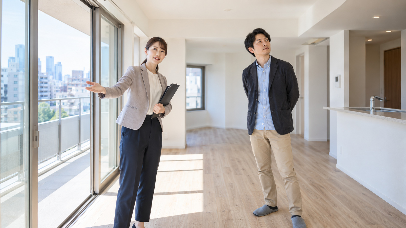 賃貸物件の室内を顧客へ案内する不動産担当者