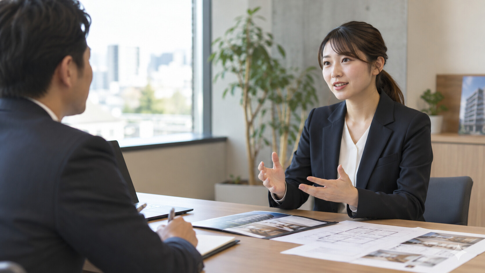 不動産会社の面接を想定して受け答えを練習する応募者