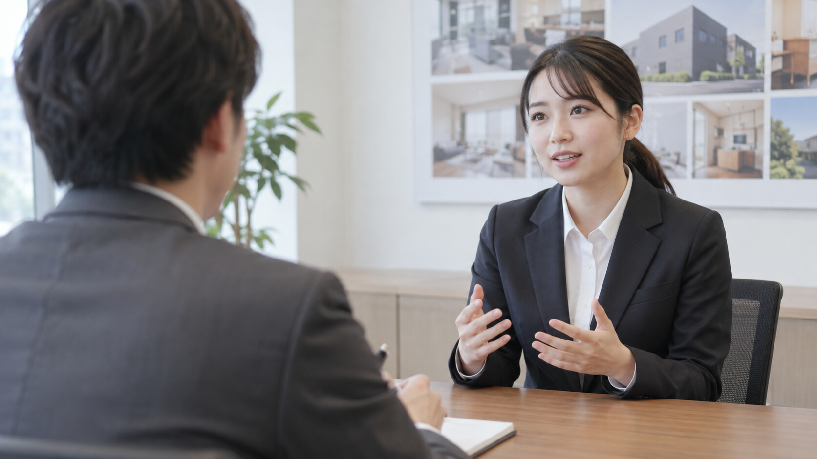 面接で不動産業界を志望する理由を説明する応募者