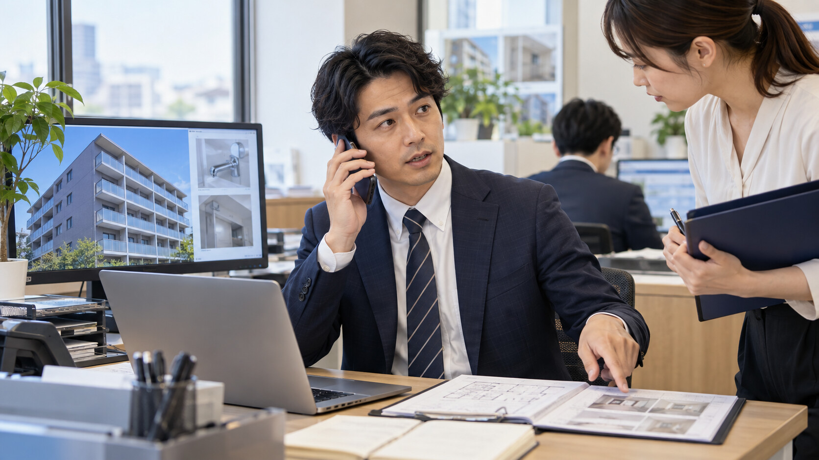 不動産会社で入居者からの連絡と修繕対応を調整する物件管理担当者