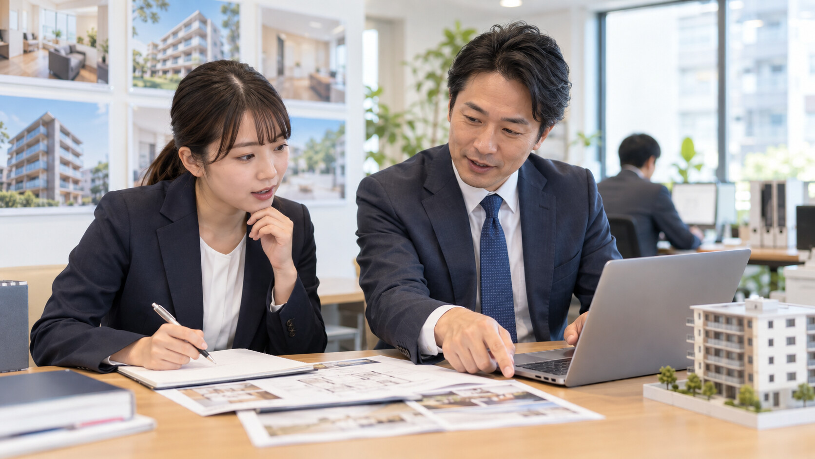 先輩社員の指導を受けながら不動産業界の実務を学ぶ未経験者