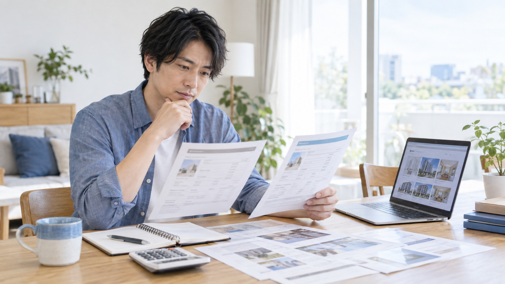 不動産業界の複数の求人票を見ながら年収と給与条件を比較する転職希望者