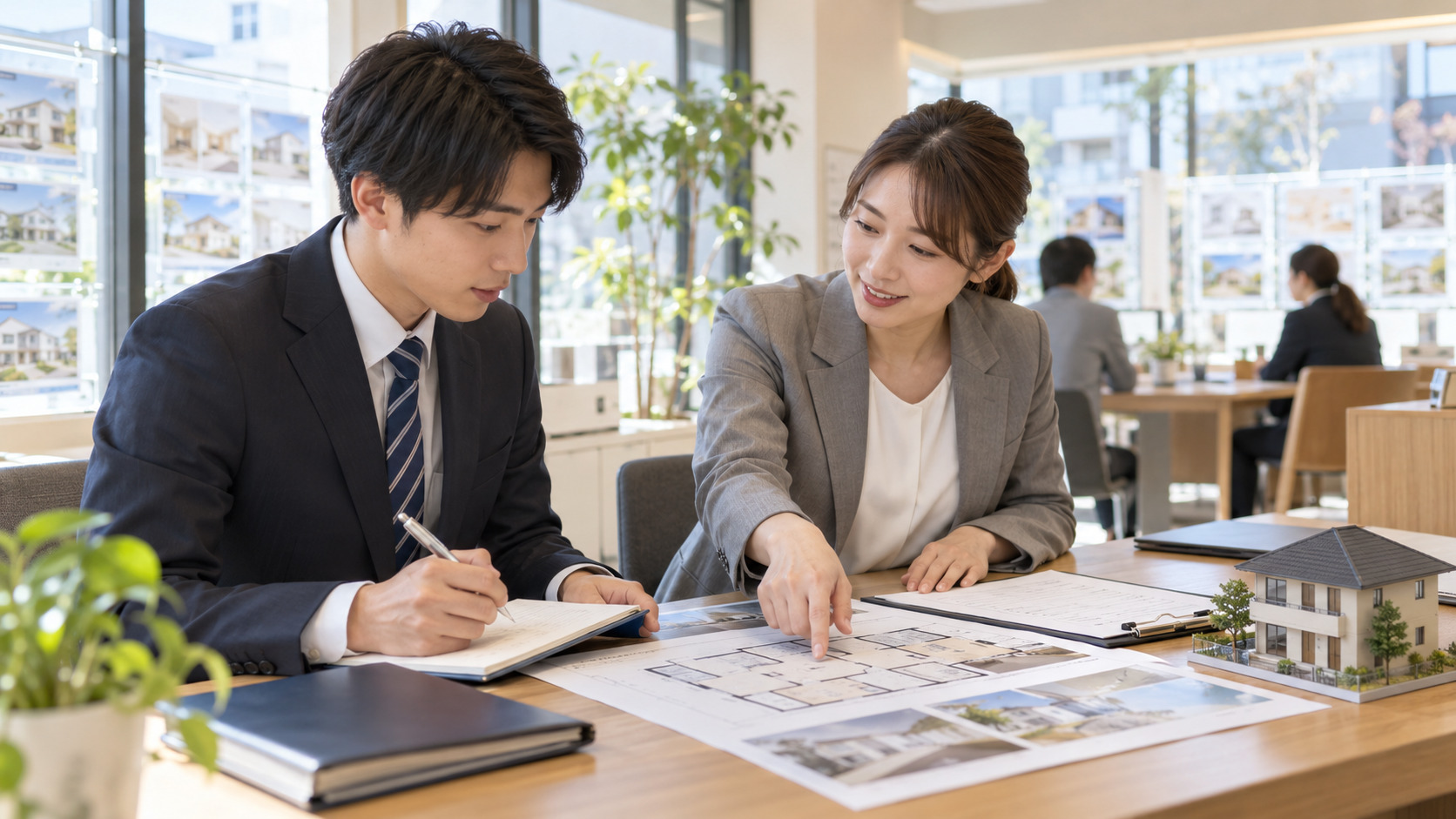 不動産会社で先輩から顧客対応や契約業務の研修を受ける未経験者