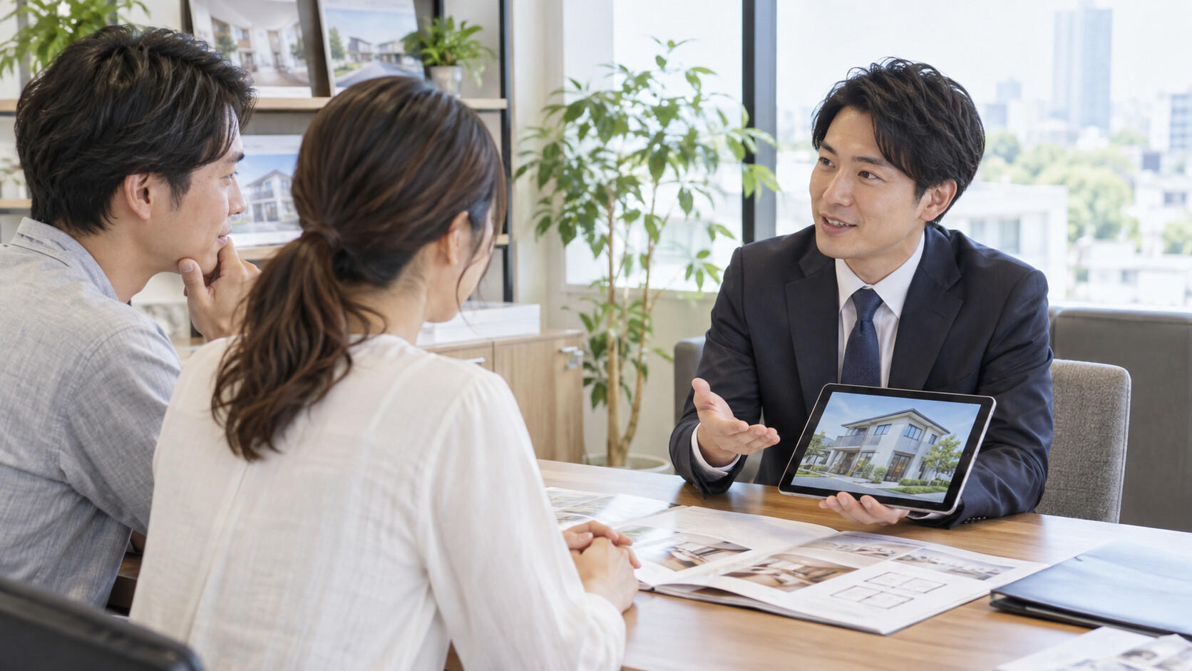 不動産会社で顧客の希望を聞く営業担当者