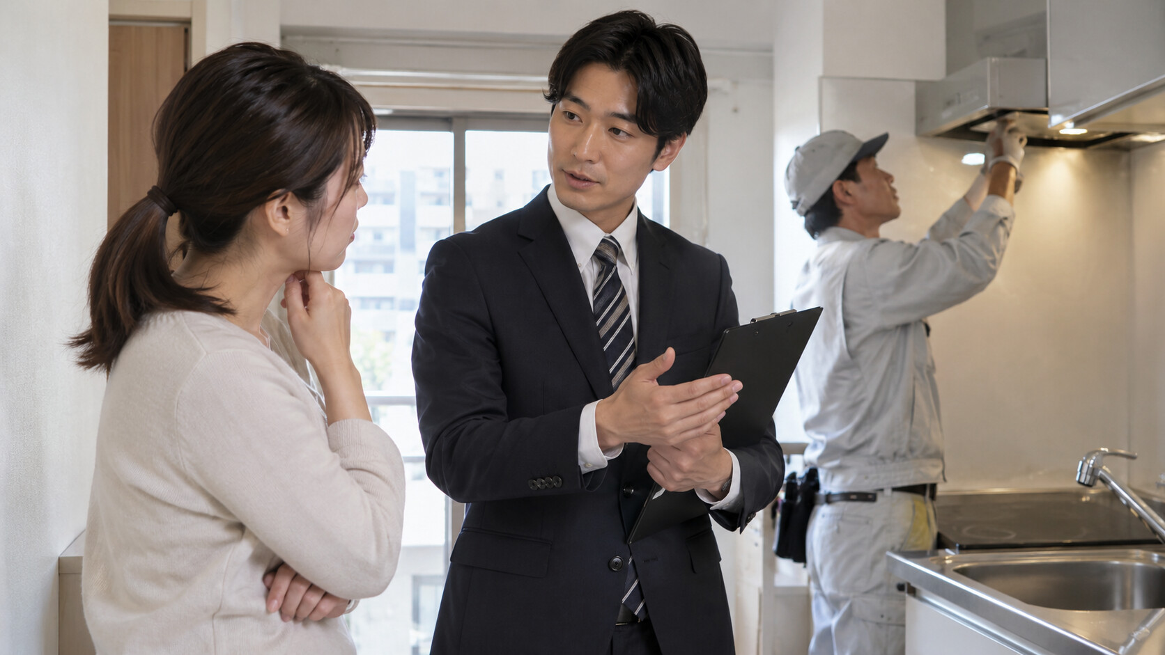 入居者と修繕対応を調整する不動産管理担当者