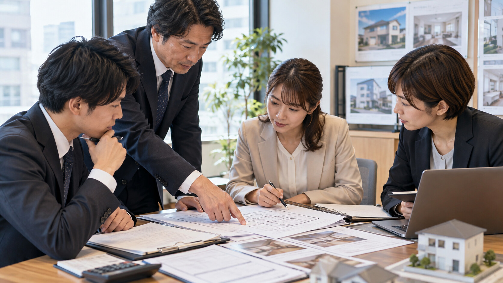 不動産の契約資料を確認しながら相談する担当者