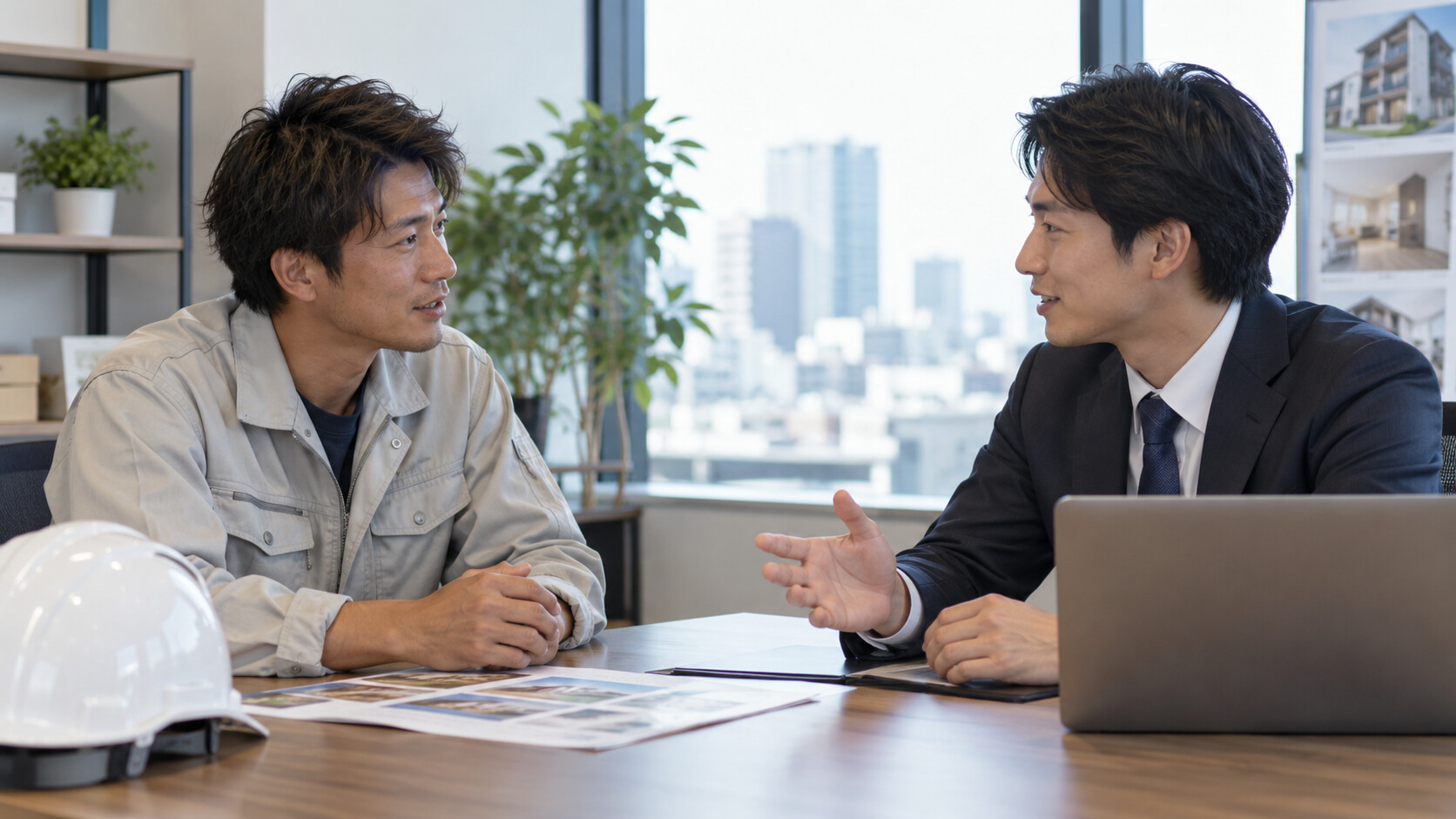 建設現場の経験を不動産の仕事に活かす相談をする男性